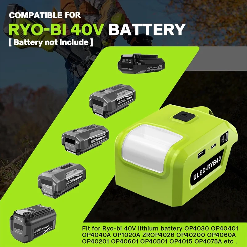 LED Work Light for Ryobi 40V Lithium Battery Charger Power Adapter Connector with USB Type-C Port Mobile Power Supply System