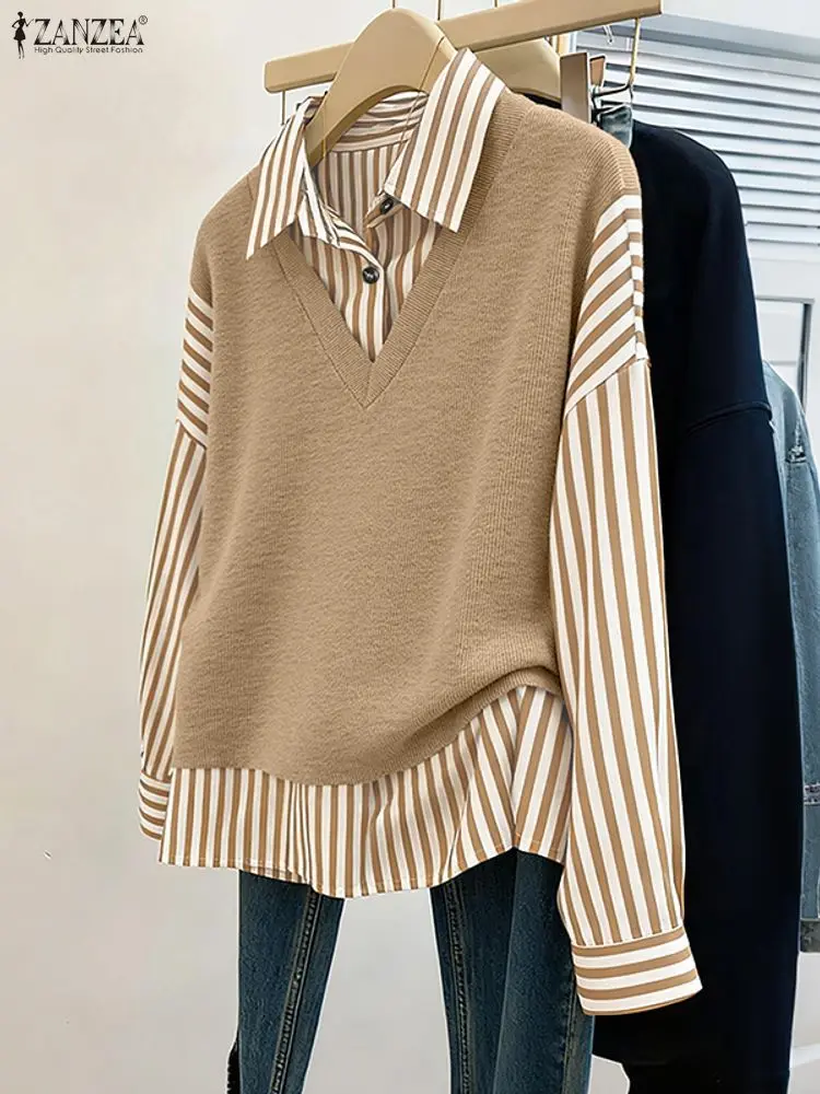 

ZANZEA, модные рубашки, женская полосатая лоскутная блузка с лацканами, 2022, элегантные офисные женские топы, повседневная туника с длинными рукавами, Blusa оверсайз