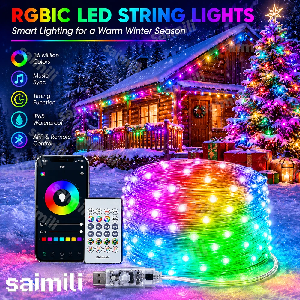 USB WS2812B RGBIC LED String Lights Bluetooth Smart APP Control Music Sync Waterproof For Home Holiday Party Atmosphere Decor