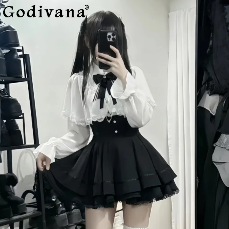 Japanese Subculture Lace Women Spring Summer Long Sleeve White Shirt Fashion High Waist A-line Age-reducing Black Cake Skirt