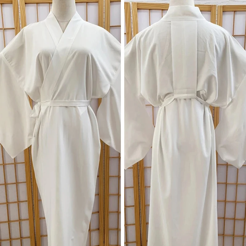 White Traditional Japanese Kimono with Belt Robe Length Sleeves Yukata Lining Pajamas for Vacation Spa Hospital Deliver and Gym