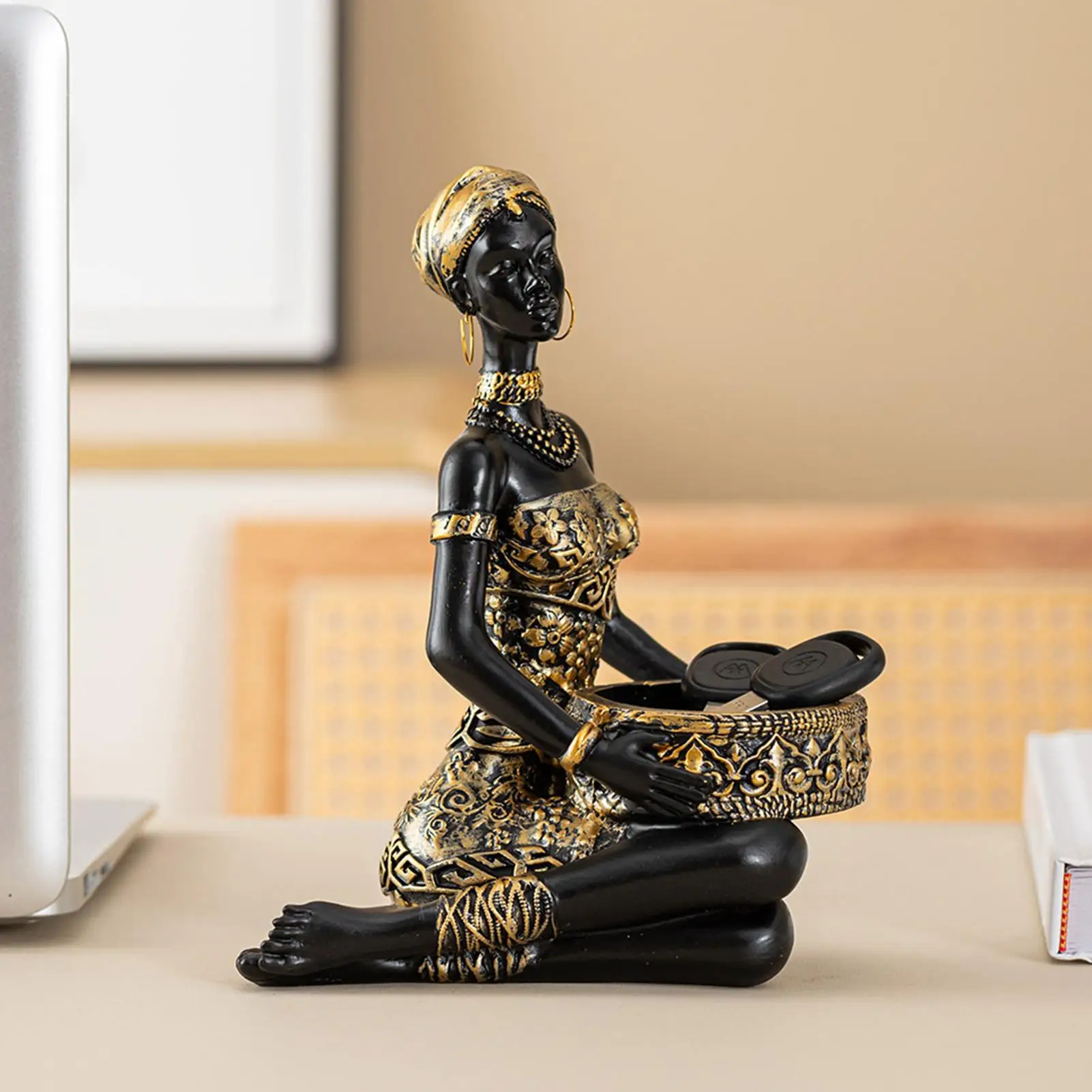 

Африканские фигурки из смолы: поднос-органайзер для хранения в форме африканской женщины, для конфет, украшений, колец, ключей, серег