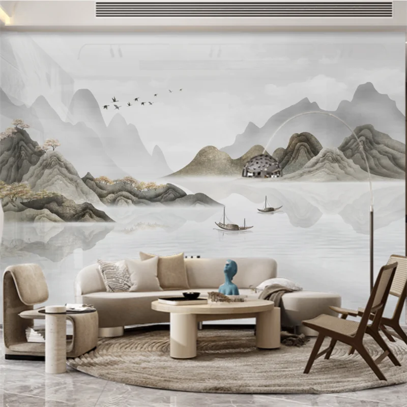 

Customized wallpaper 3D hand drawn landscape painting Light gray Chinese living room sofa TV background wall mural hotel mural