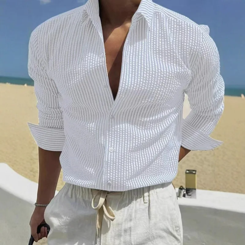 UNITIM Men Shirts Korean Striped Single-breasted Man T-shirt Turn Down Collar Long Sleeve Versatile Vacation Casual Male Top