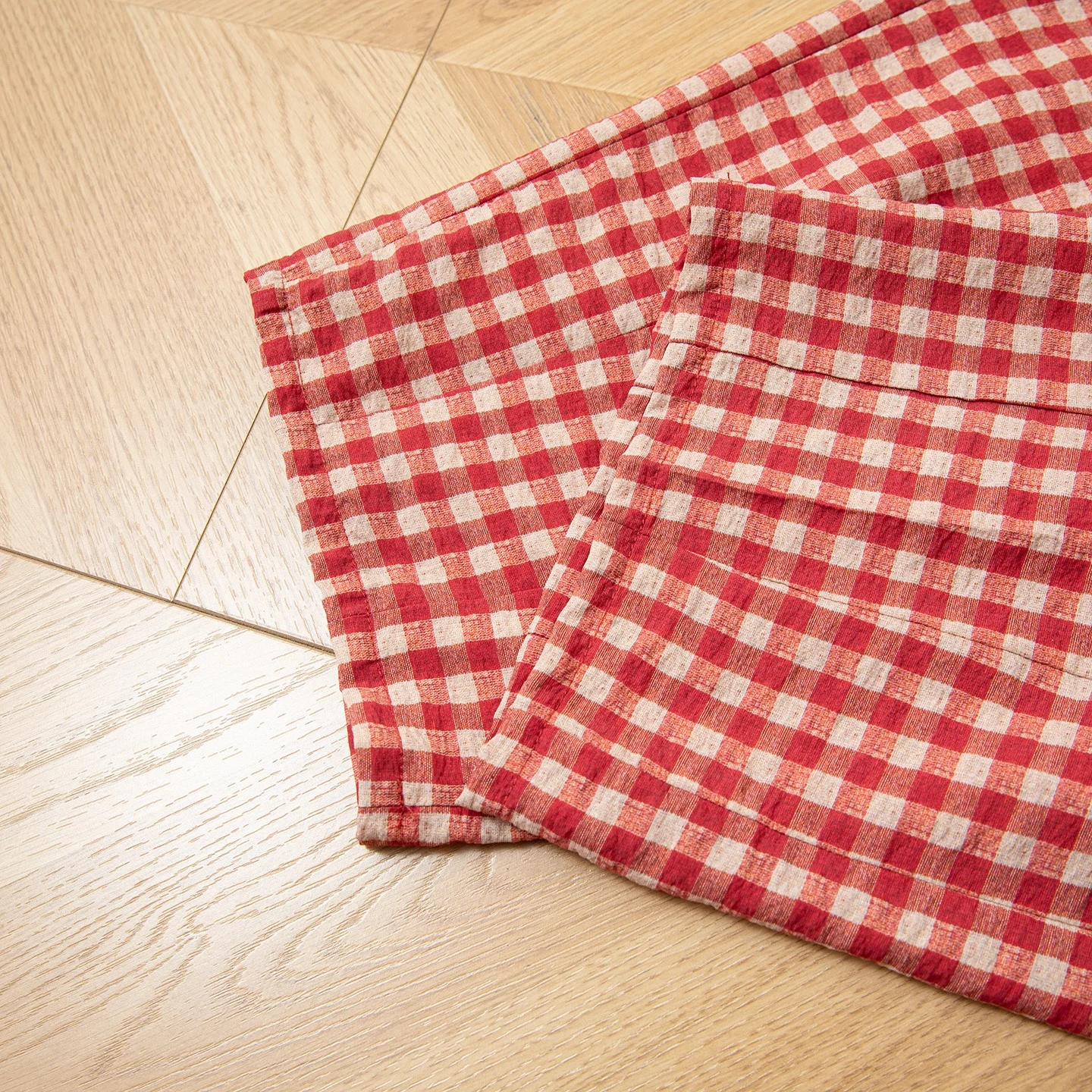 Rood geruite print 76% natuurlijke moerbeizijde textuur elastische taille dames dubbele zak losse casual harembroek