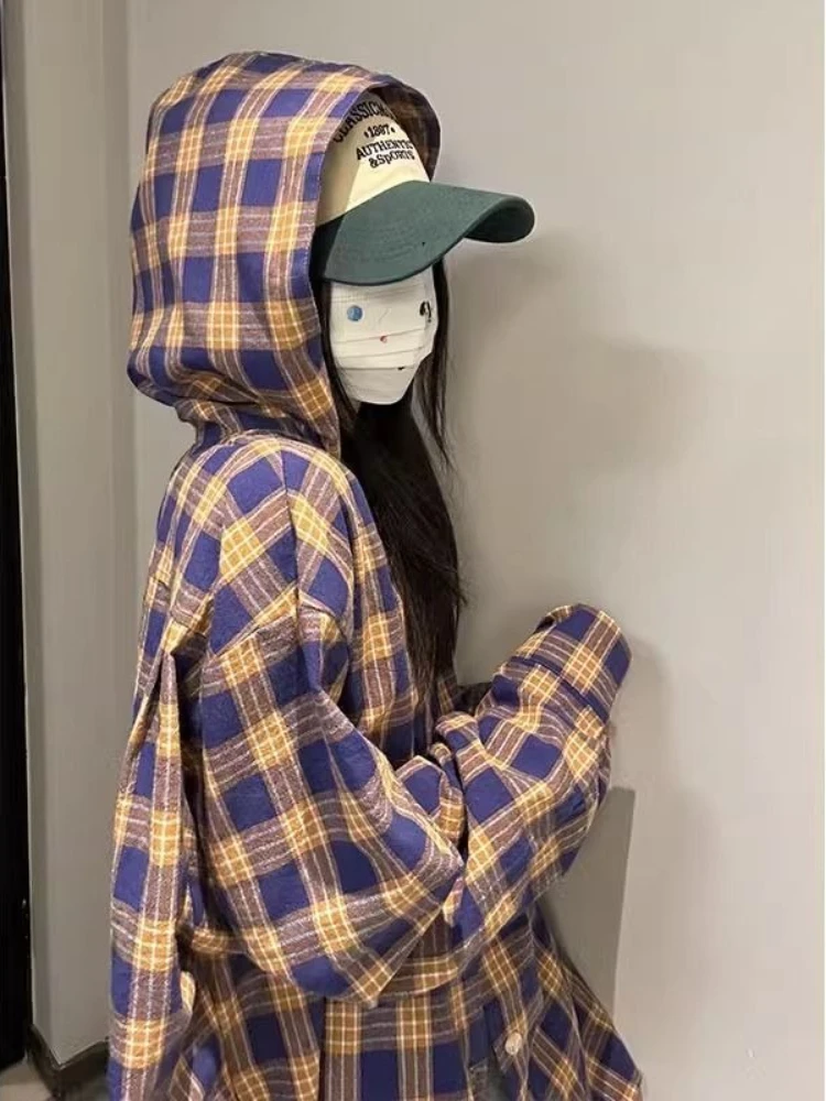 HOUZHOU Women Plaid Hooded Shirts Vintage Y2k Oversized Harajuku Long Sleeve American Style Checked Blouses Casual Streetwear
