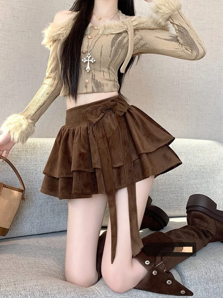 

Юбка-торт с нежным узлом, женская новинка 2025 года, зимняя многослойная плиссированная юбка трапециевидной формы с высокой талией