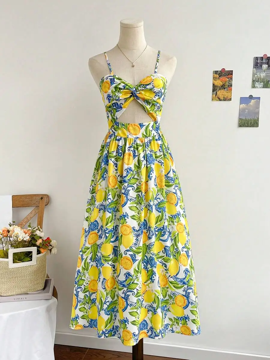 

Женское миди-платье А-силуэта с лимонным принтом, завязками спереди и драпировкой на талии