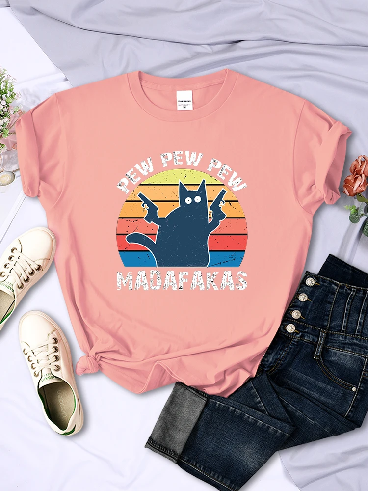 Pew Pew Madafaks Cat Womens T-Shirts Street Breathable Short Sleeve Cartoon Casual Hip Hop Tops Trend Vintage Female Tee Clothes