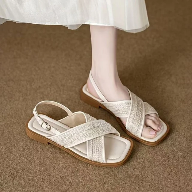 New Minimalist Square Toe Woven Sandals Women Cross Strap Slingback Flats Elegant French Style Summer Shoes Vacation Footwear