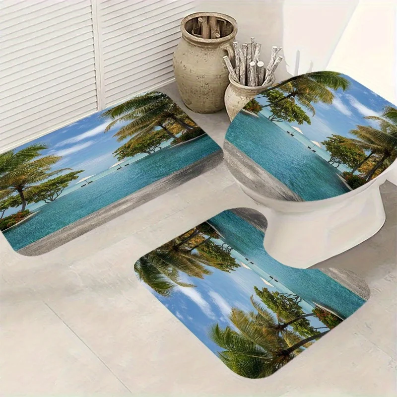 

3PCS Tropical Beach Print Bathroom Set Non Slip Toilet Lid Cover Floor Mat U Shaped Rug Home Decor