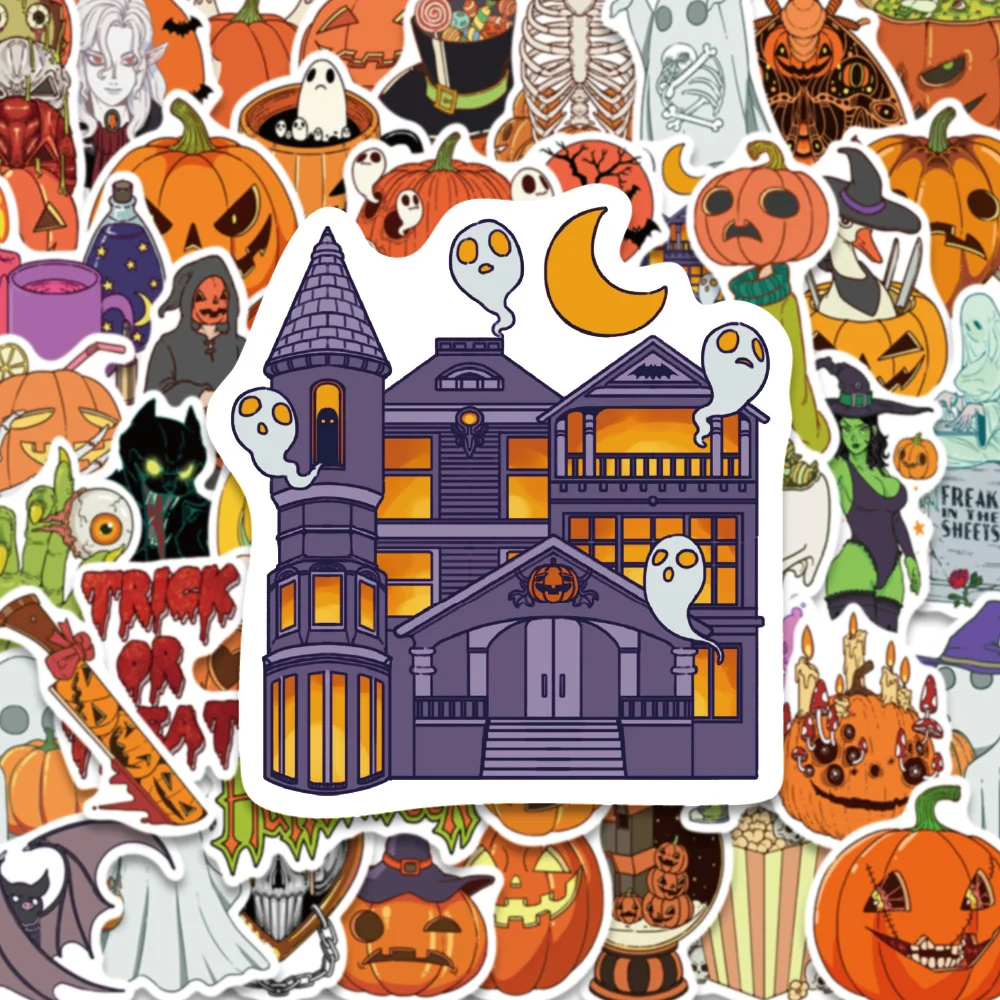 50PCS Fun Colorful Halloween Pumpkin Sticker Pumpkin Ghost Cup Candy Jar Celebrating Holiday Gift DIY Cup Phone Book Guitar