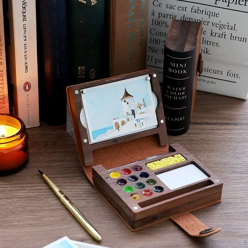 Portable Walnut Watercolor Palette Empty Box 12 Shades Travel Paint Case with Mini Sketchbook for Outdoor Artist Sketch Craft