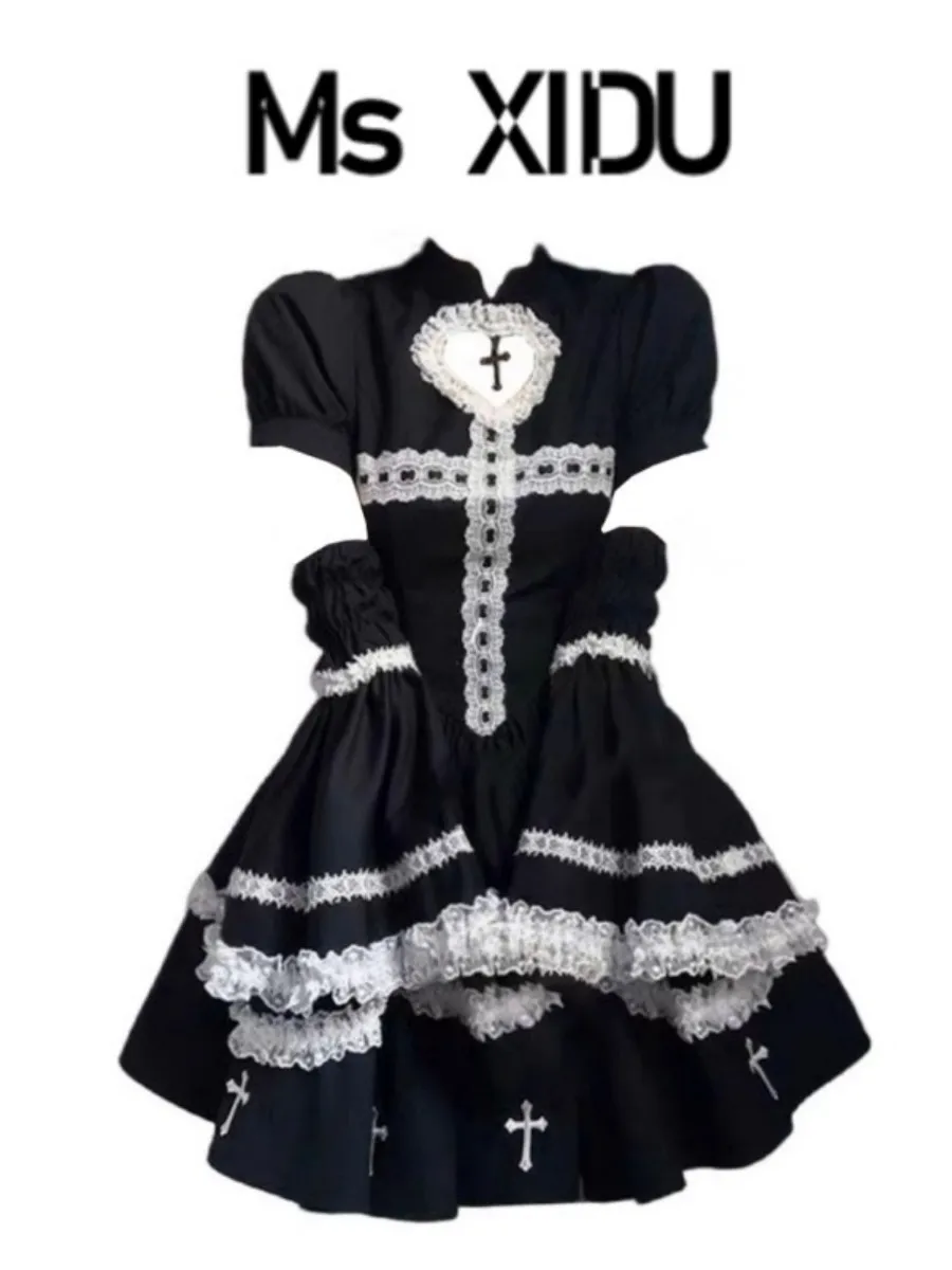 فستان لوليتا قصير منفوش بألوان متباينة من إم إس إكسيدو، تصميم أنيق بخصر مرتفع وأكمام طويلة، قصة على شكل حرف A مناسبة للارتداء...