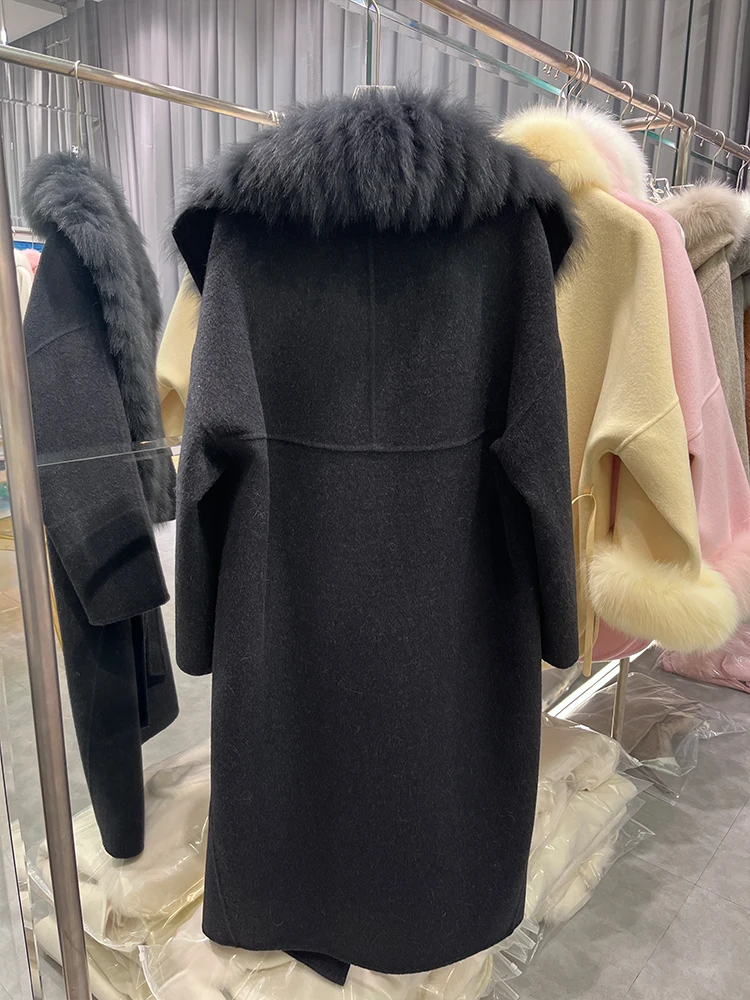 Winter Real Natural Fox Fur Collar Fur Strip Sewed Toghter Coat Cashmere Wool Jacket Woolen Ladies Women Outwear Female Coat