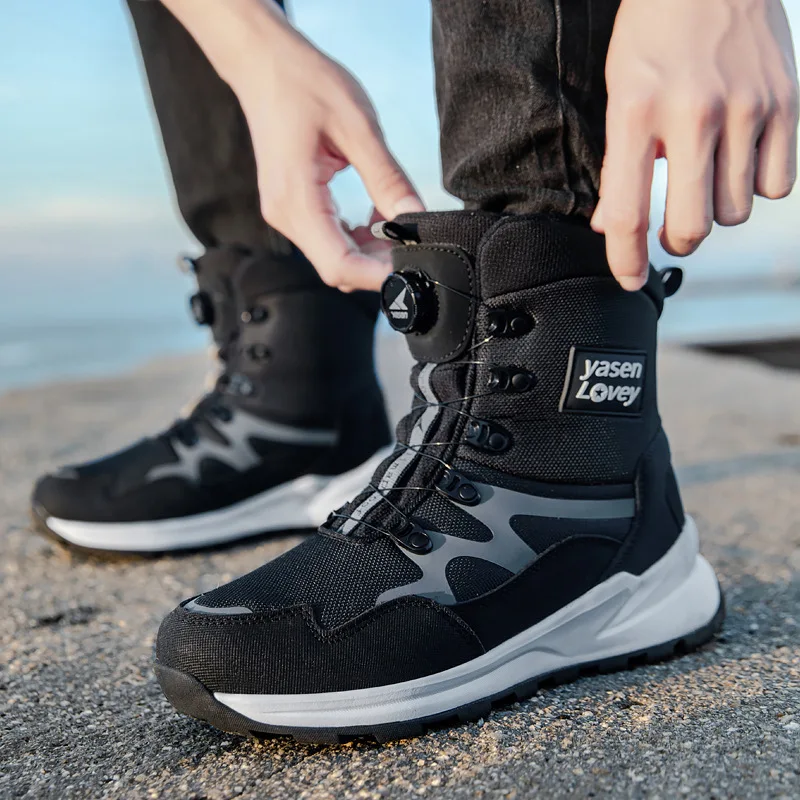 

Rotating Button Men's Winter Boots 2025 New Fleece-Lined Snow Boots For Men Outdoor Waterproof Non-Slip Winter Shoes For Man