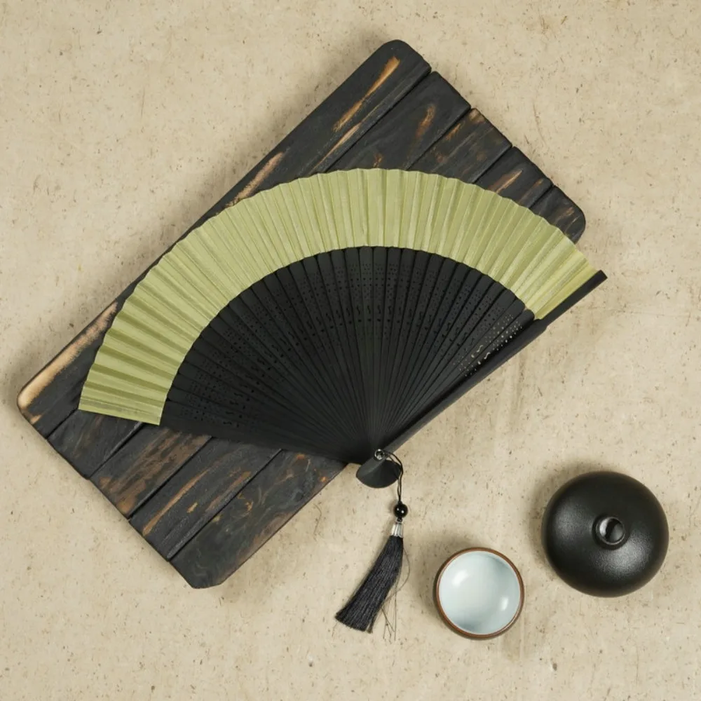 Antique Silk Fan Carved Handle Bamboo Folding Fan with Tassel Vintage Chinese Fan Handhold Dance Fan Summer