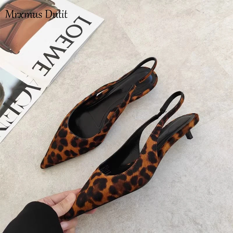 Mrxmus 2024 New Women Summer Fashion Horsehair Leopard Print Sharp Pointed Low Heels Sandals Elegant Temperament Shoes Female