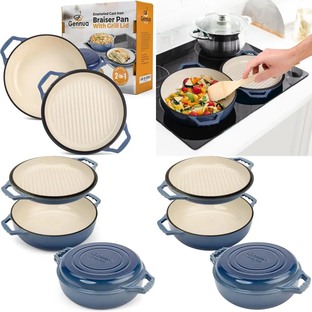 

3.3-Quart Cast Iron Enameled Braiser with Grill Lid - Versatile Casserole and Stovetop Grill Pan
