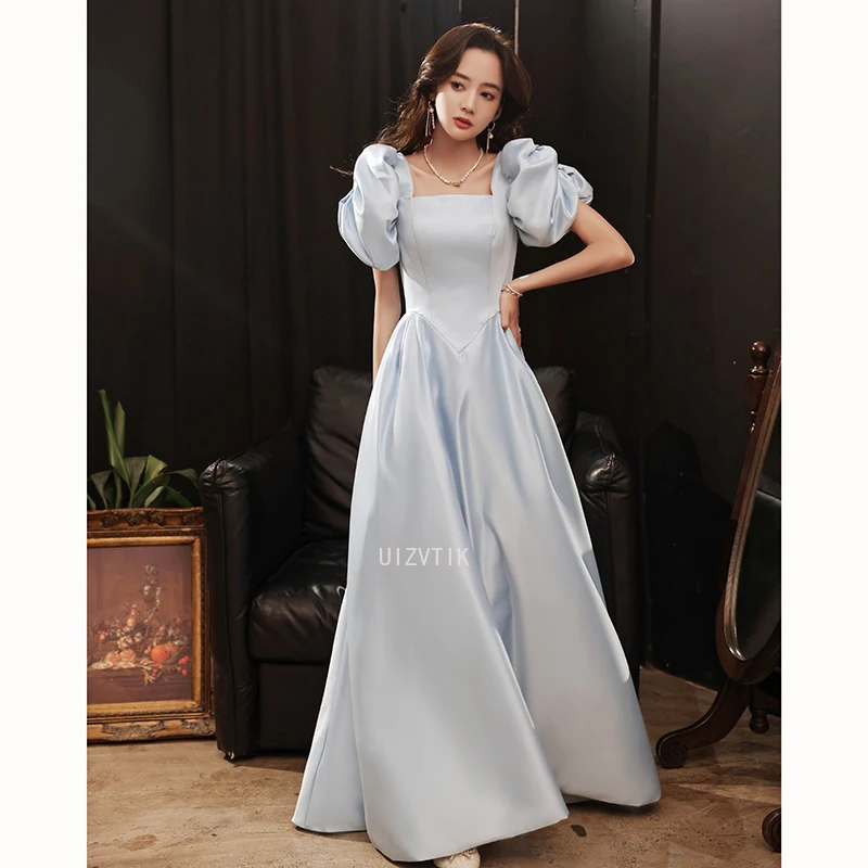 فستان سهرة طويل أزرق فاتح أنيق للولائم وياقة مربعة وحفلات أعياد الميلاد فستان رسمي بسيط بأكمام منتفخة فساتين زفاف 2025