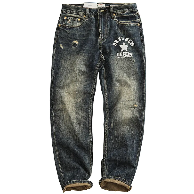 

Джинсы мужские, ретро, ностальгические, модные, с принтом, уличный шик, модные, мужская одежда, тяжелые брюки узкого кроя