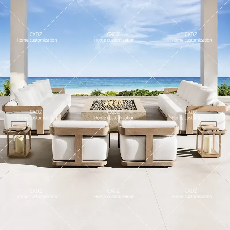Outdoor Teak Wood Sofa Set Waterproof Sun Resistant Anti Corrosion Solid Wood Furniture for Villa Courtyard Terrace Garden