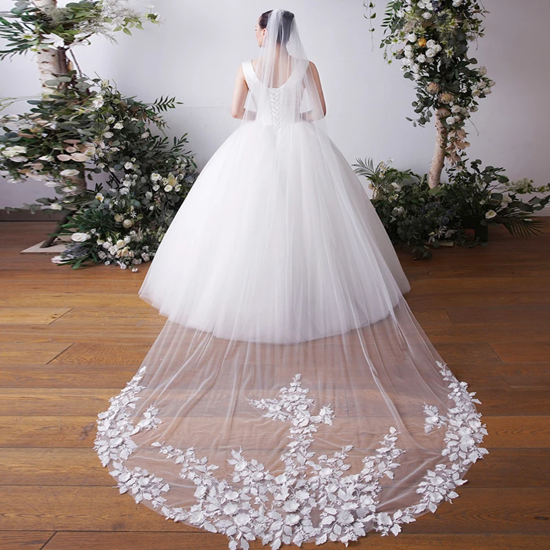 

Custom Appliqued Chapel Wedding Veil 2025 3 Meters White Ivory Bridal Veil with Comb Bride Headpieces Velo De Novia