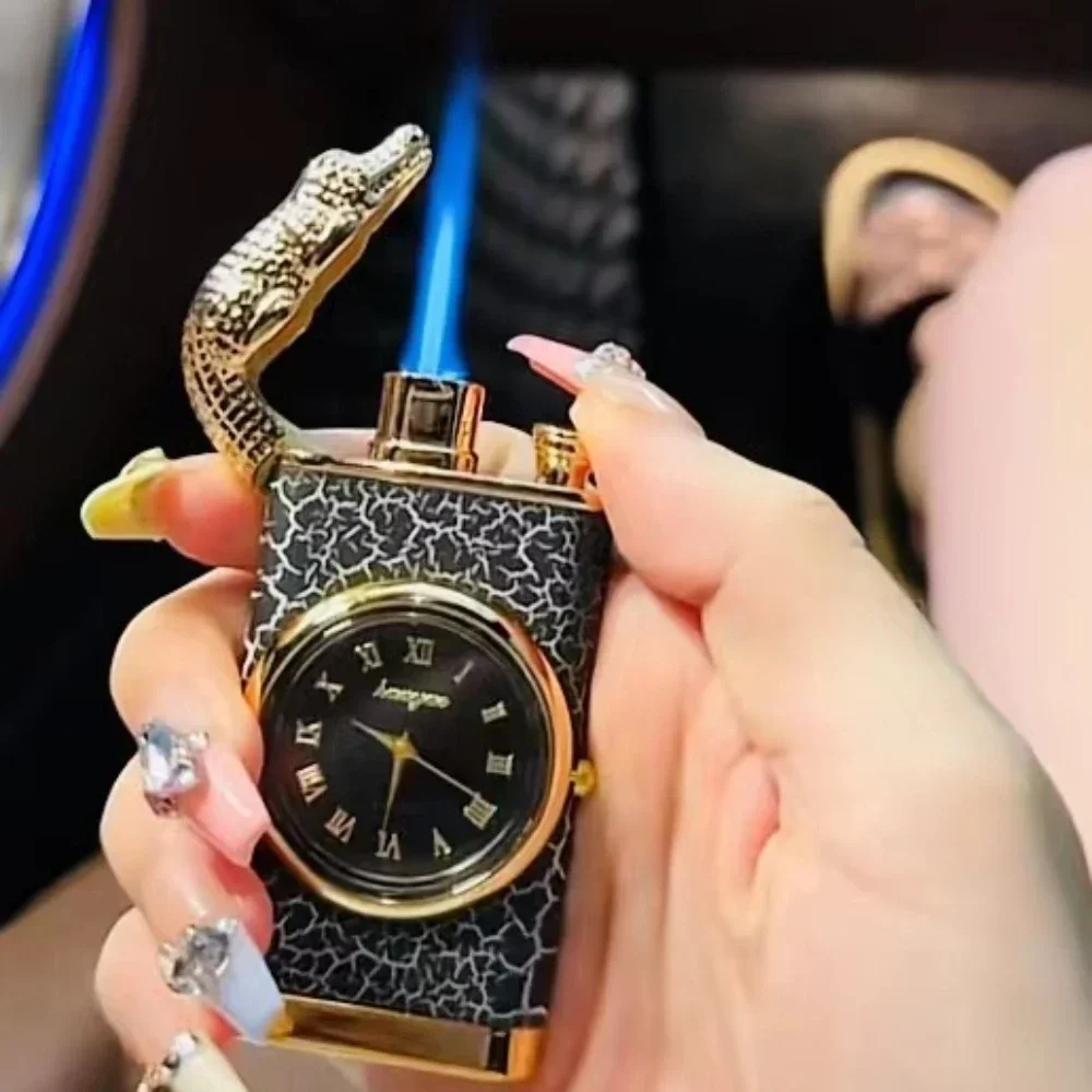 

Personalized Crocodile Head Double Fire Lighter with Quartz Watch Metal Inflation Windproof Blue Flame Conversion Open Fire