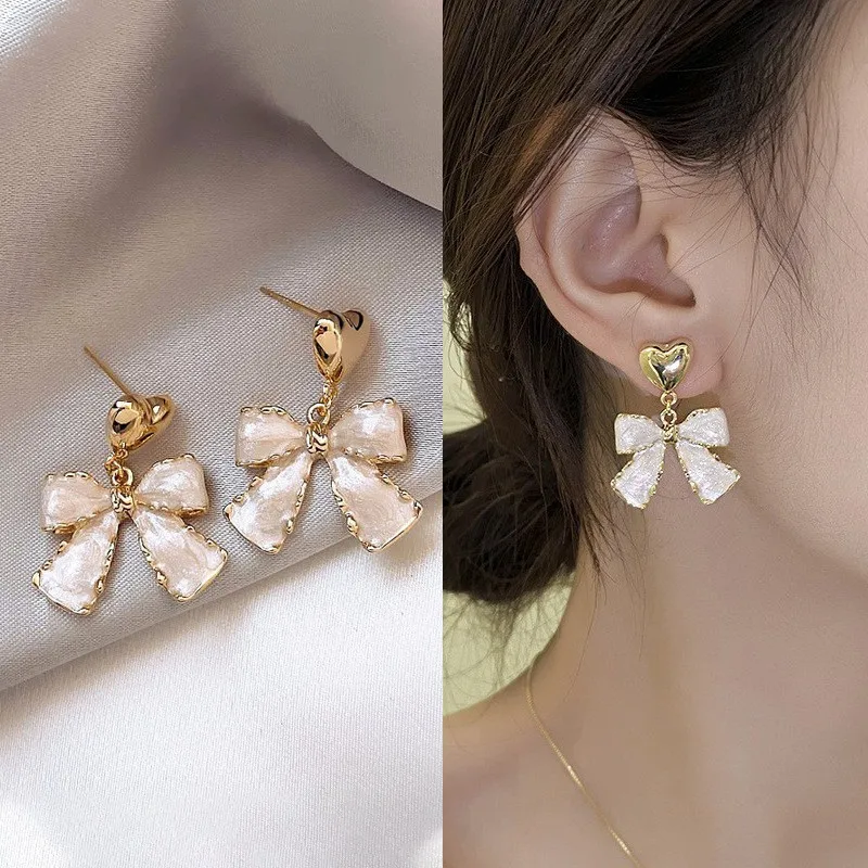 925 Silver Needle Korean Fashion White Bowknot Drop Earrings For Women Jewelry 2026 Trending New Women's Bow Heart Earrings M3