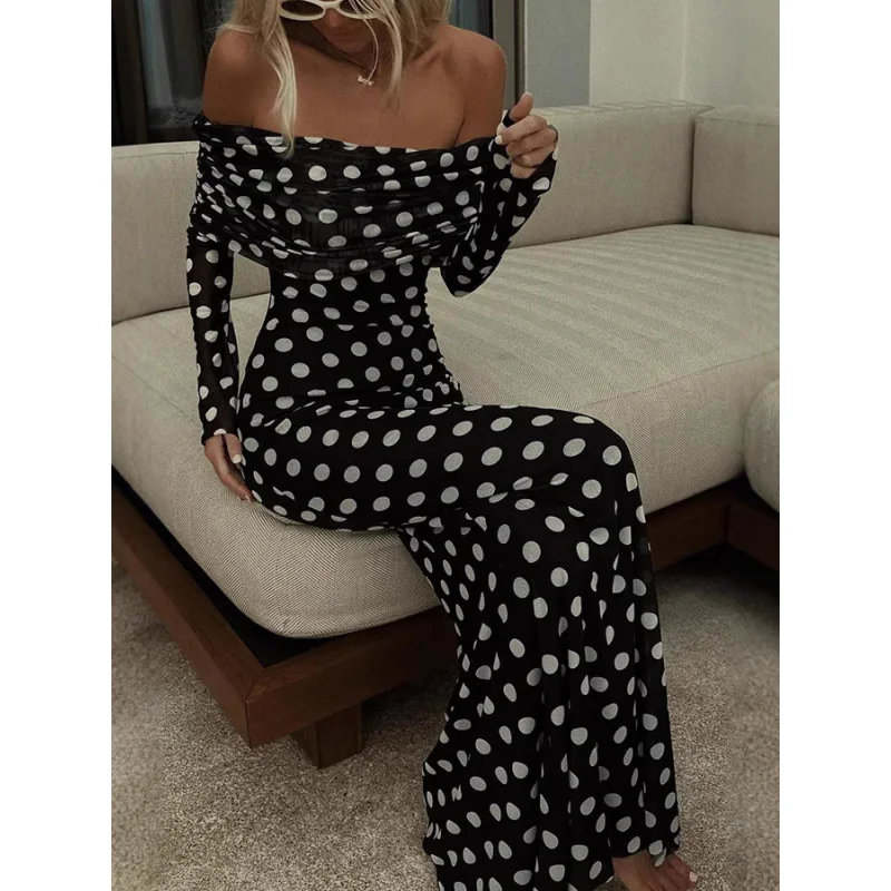 

2025 New European and American Style Spring Summer Elastic Mesh Polka Patchwork Off-Shoulder Slim Dress