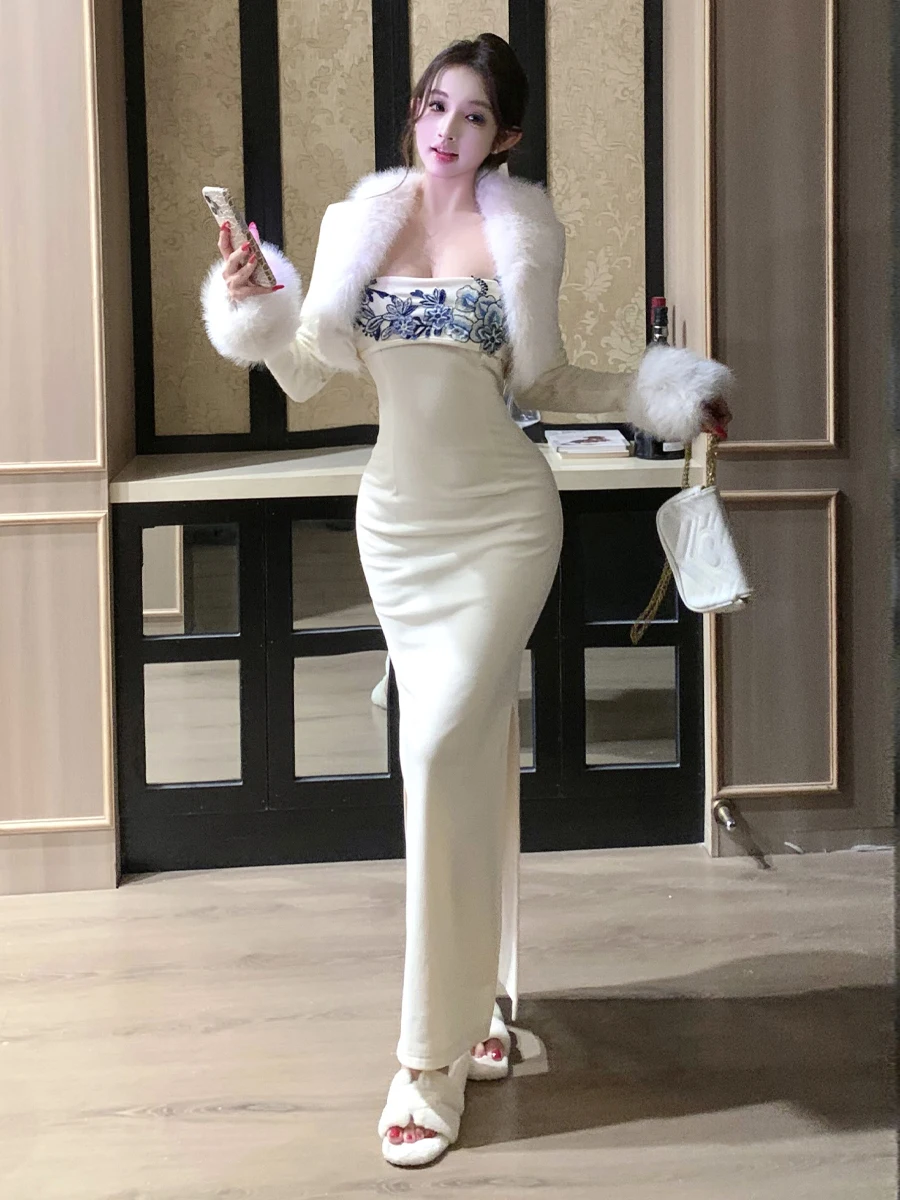 

Двусторонний бархатный сексуальный облегающий ремень с вышивкой в стиле ретро, длинный меховой открытый кардиган, комплект верхней одежды, женский модный комплект...