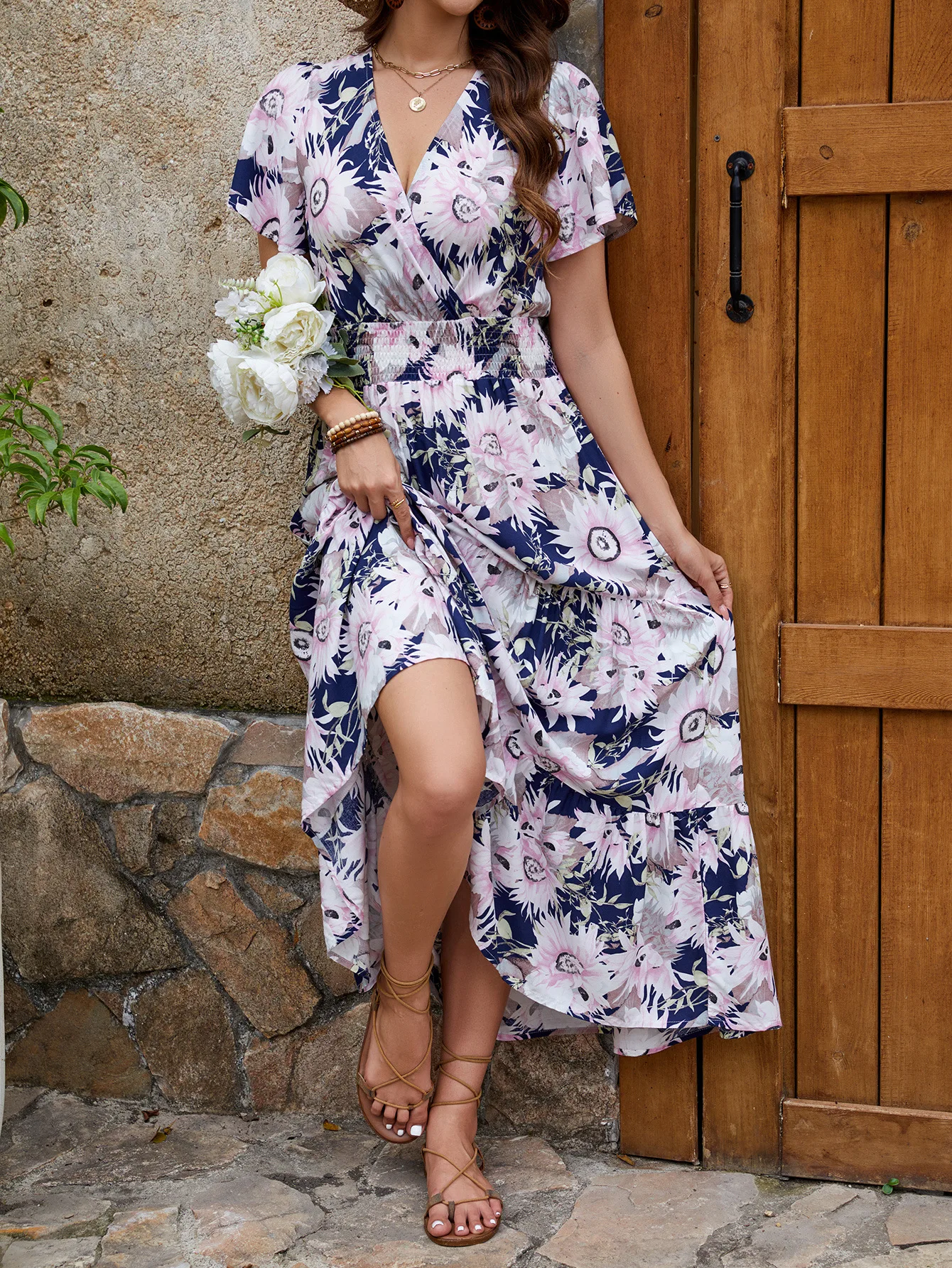 2025 여름 신상 코튼 반팔 V넥 롱 드레스 플로럴 프린트 휴가 스타일 캐주얼 비치 드레스 보헤미안 레트로 베스티도스