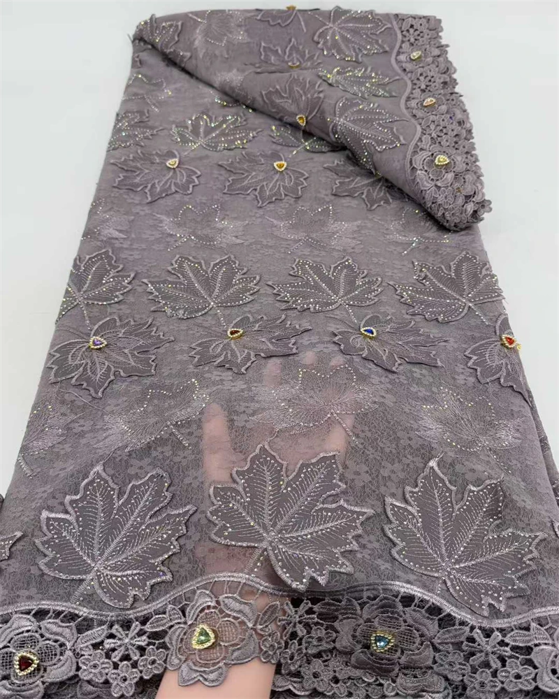 African Nigerian High-Quality Lace Fabric Beaded Embroidery Tulle Stones Guipure Water-Soluble 5 Yards for Wedding Dresses