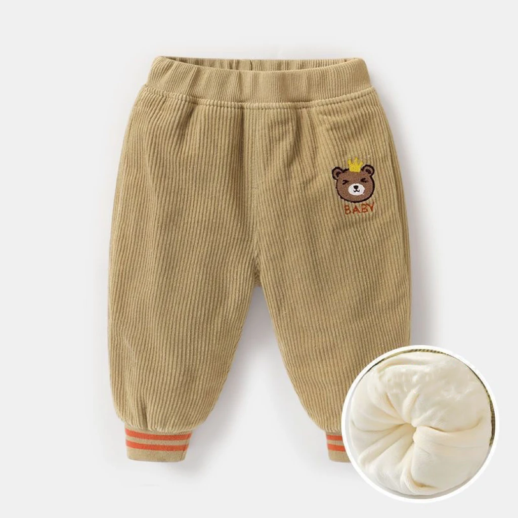 1pcs Boys Girls Winter Velvet Corduroy Kid Pants Little Bear Cartoon Mid Waist Warm Pantalone Baggy Thick Plush Children Trouser