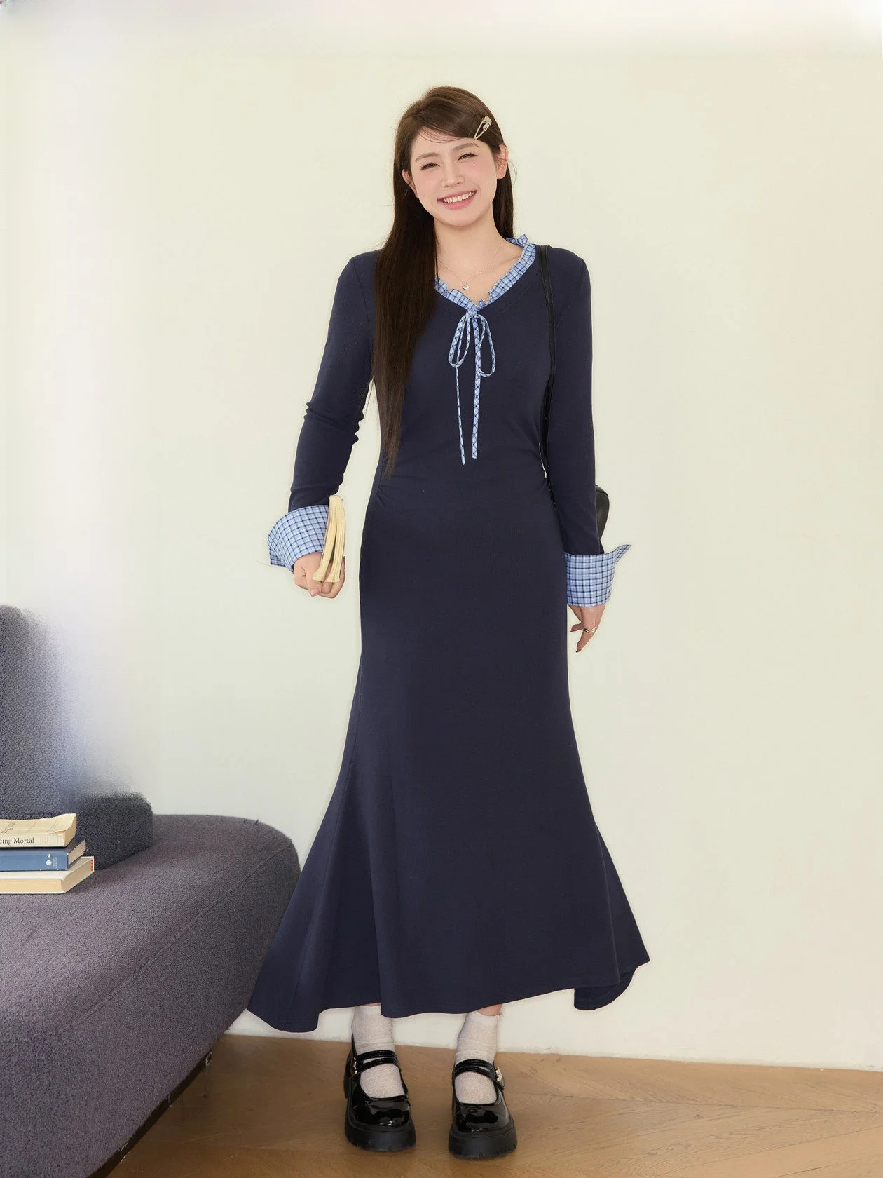 

plus Size Long Dr Slimming Waist Patchwork Micro Fat Women Sweet Sle A-Line Skirt V-Ne Long Sve Spring Faion