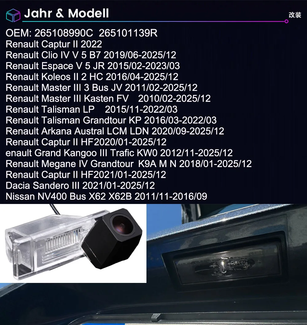 Car Rear View camera for Captur Clio Espace Koleos Master Talisman Grand Kangoo Arkana Austral Megane/Dacia Sandero/Nissan NV400
