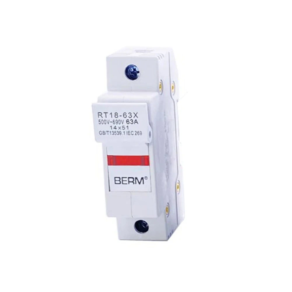 RT18 63X 1 Pole 63 Amp Fuse Base Compatible with 14x51mm R015 Fuses DIN Rail Mounted with LED Indicator Light 500V Rated