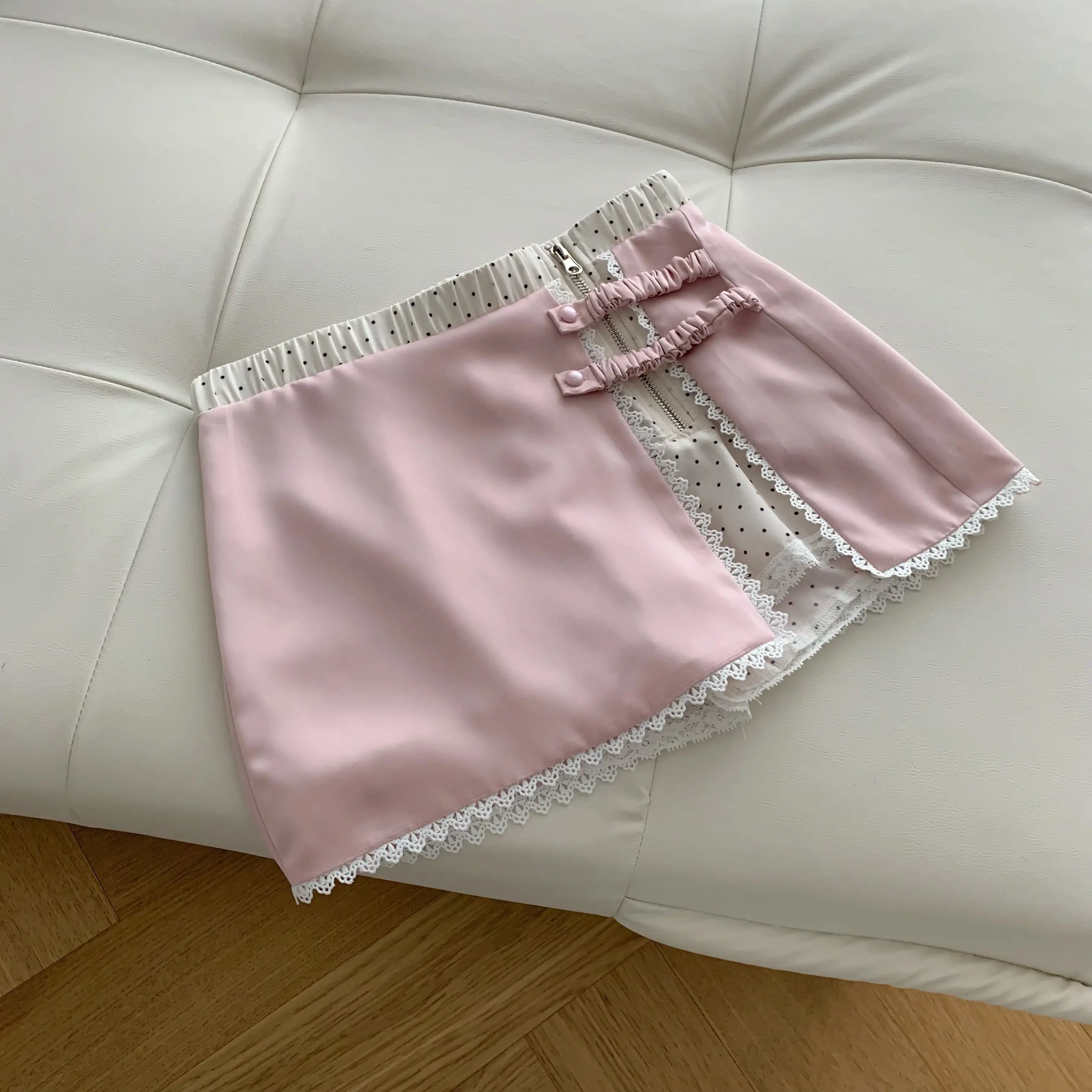 Women's Summer Lovely Pink Irregular Split Lace Hem A Line Short Skirt Lady Cute Polka Dot Patchwork Satin Mini Skirt