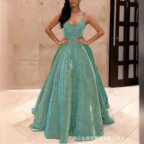 A Line Single Gown Urban with Elegant Sequins Spaghetti Strap Mercerized Mid Waist Slim Fit V Neck Sleeveless Autumn for Women
