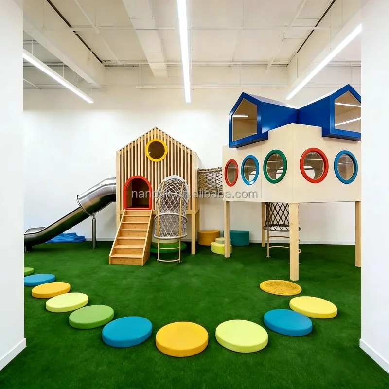 Scandinavian Wooden Kids Interactive Role Play Playhouse Slide Climbing Net Indoor Playground for Play Mall School Event Hire
