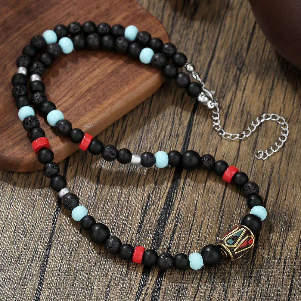 1PC INGX Men's Vintage Ethnic Style Nepal Necklace for Men Tribal Natural Lava Stone Beaded Necklace Man Jewelry