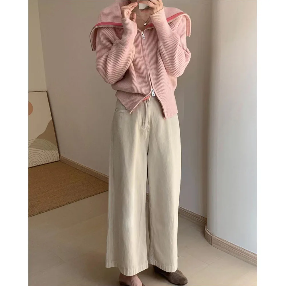 Vintage Women Sweater Cardigan Sailor Collar Solid Soft Knitting Coat Spring Autumn Female Long Sleeve Zip-up Warm Jacket