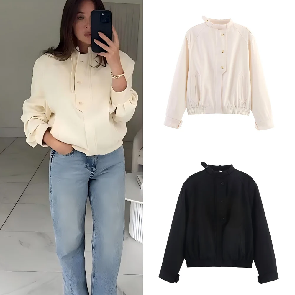 

Women's new fashion button decoration loose side pockets casual stand collar jacket Coat long sleeved women's Coat chic top