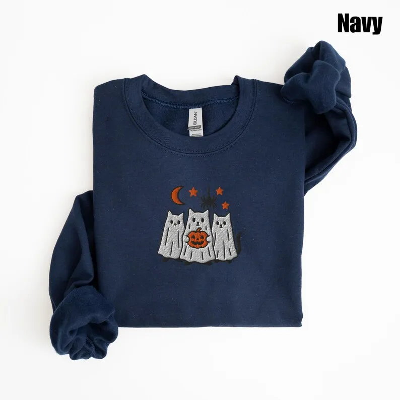 Halloween Ghost Kitten Sweatshirt Pullover Retro Vintage Sweatshirt Graphic Hoodies Y2K Casual Daily Wear Unisex  Pullover
