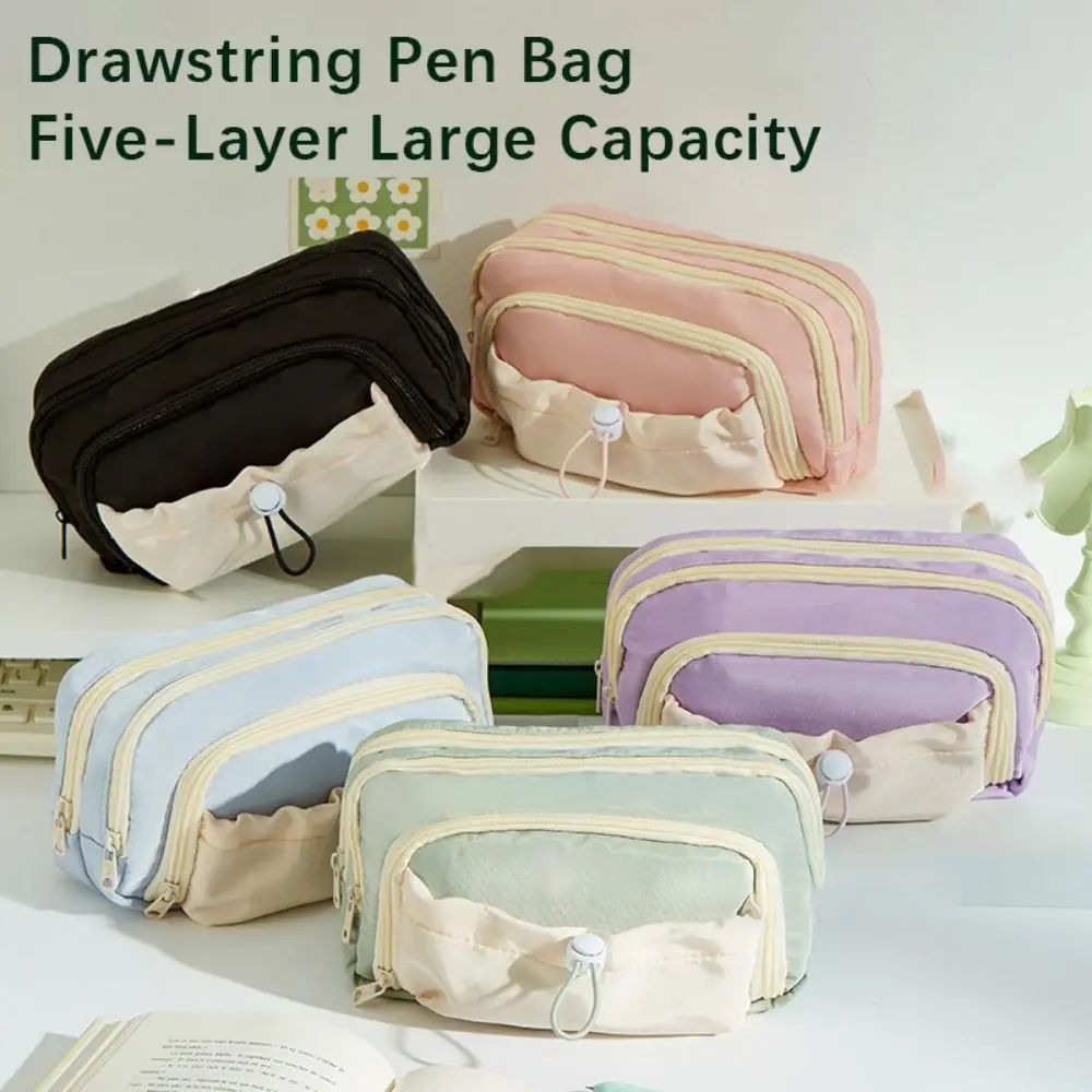 Large Capacity Pen Bag Multifunctional Five-Layer Zipper Stationery Organizer Drawstring Pencil Box Student