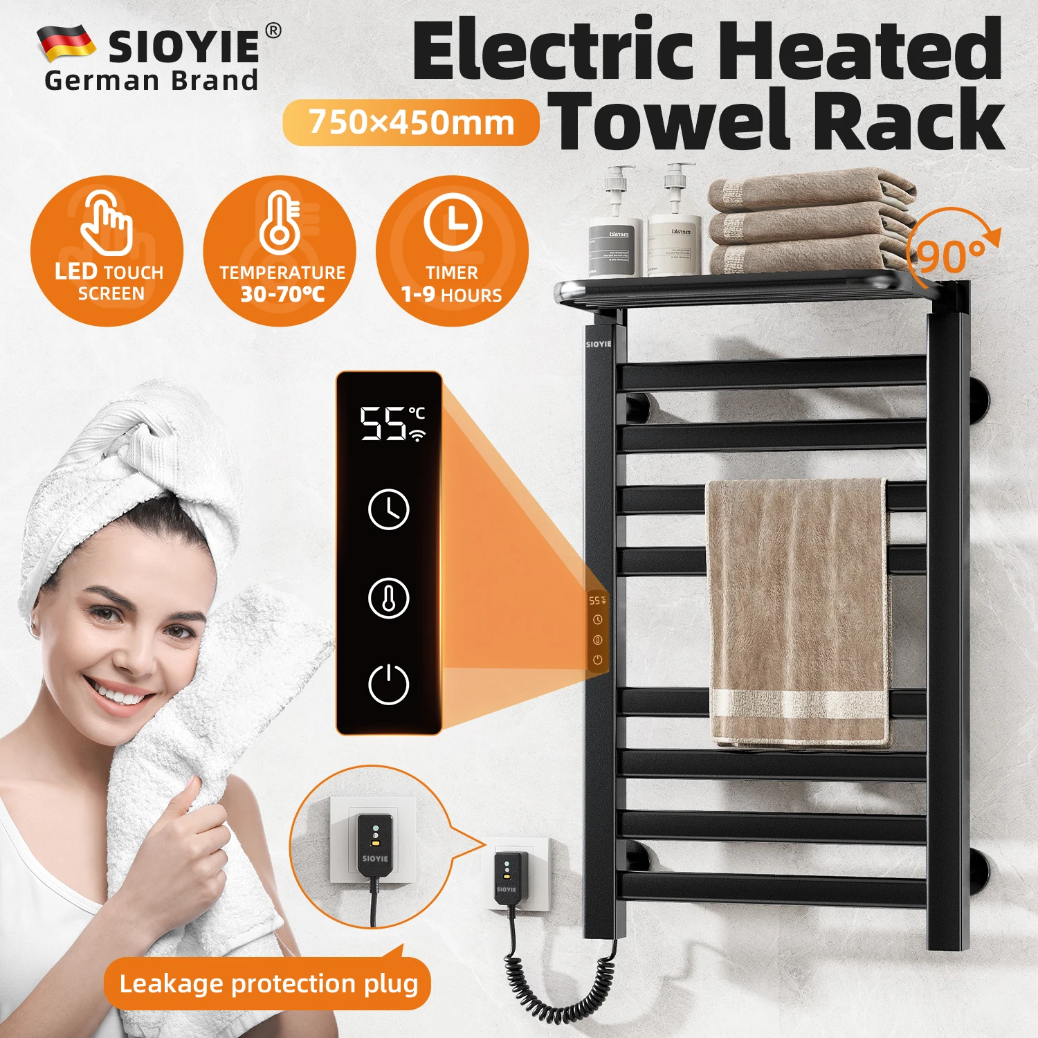 SIOYIE Electric Heated Towel Rail, Towel Warmer, Smart Bathroom Radiator with Shelf, Wall-Mounted Heater, Towel Dryer Rack Black