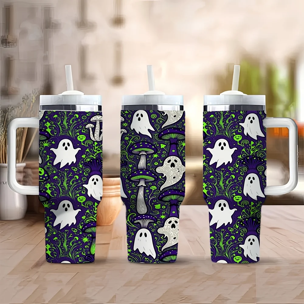 Halloween And Christmas 40Oz Cute Spooky Ghost Mushroom Printed Stainless Steel Insulated Tumbler with Handle And Straw, Reusable Leakproof Water Bottle for Travel Camping Office Home Daily Use