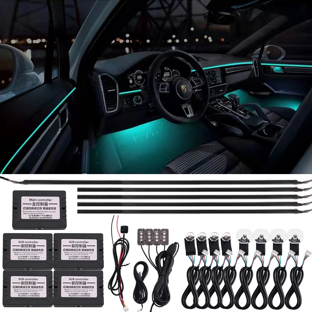 Universal 18 in 1 RGB LED Car Ambient Lights 64 Color Acrylic Fiber Optic Guide Light Strips Interior Decoration Atmosphere Lamp