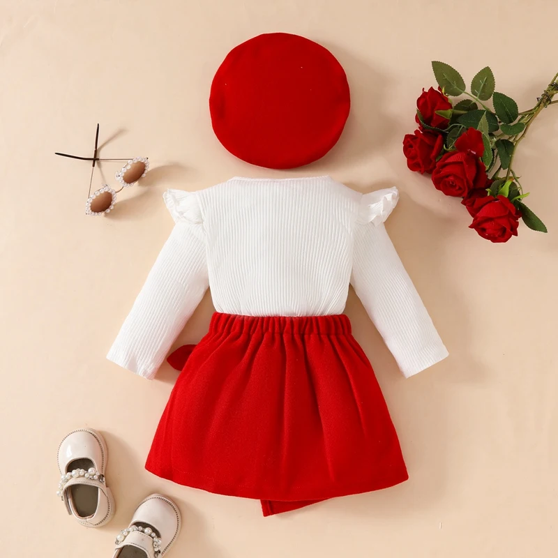 Baby Girl's Christmas Costumes Long Sleeve Ribbed Tops+Skirt+Beret Infant Toddler Fashion Casual Outing Set Bow Sweet Outfits