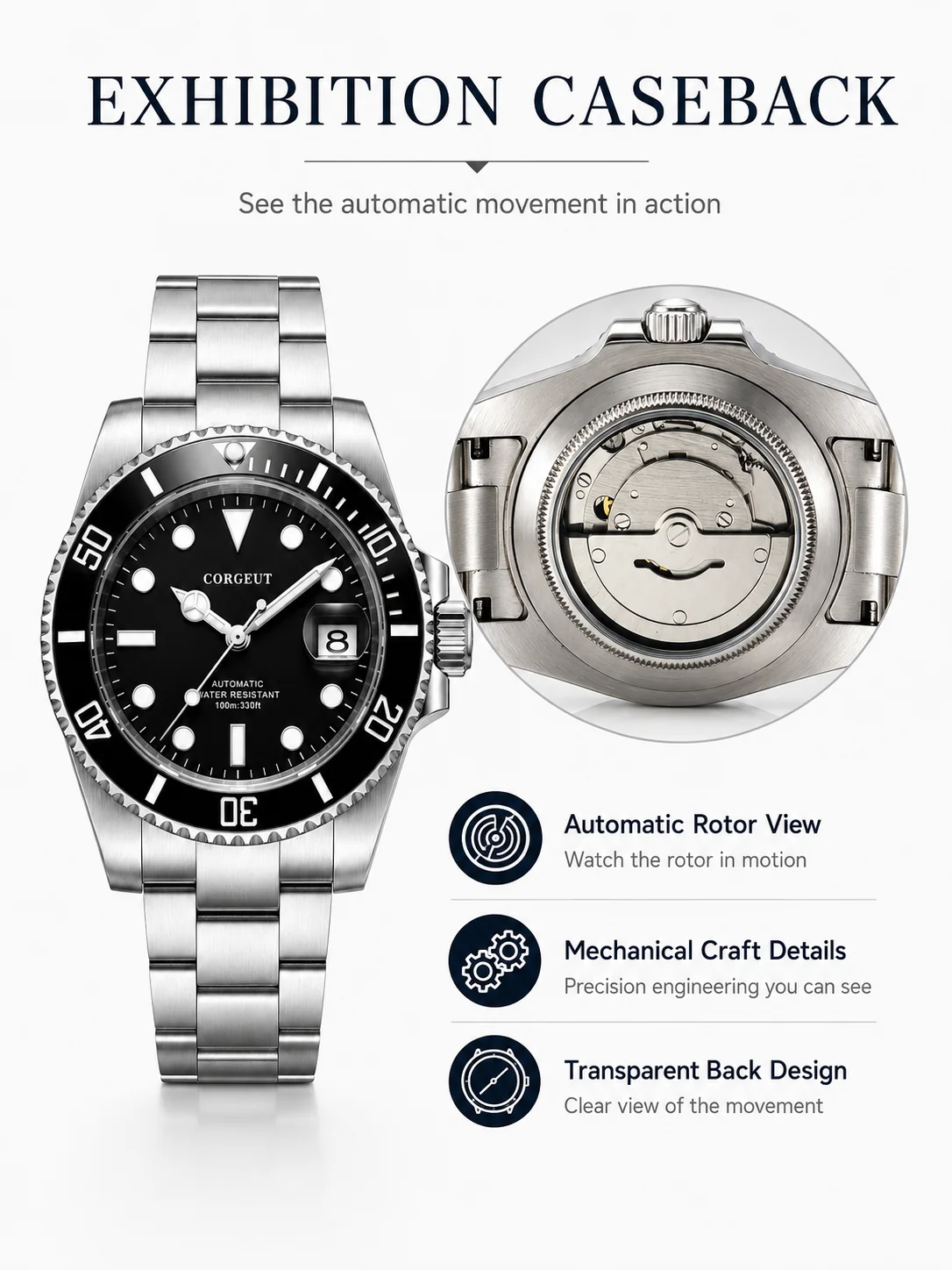 CORGEUT 6001G NH35 Automatische Taucheruhr 40mm Saphirglas 100M Wasserdicht Stahlarmband – Detail 7